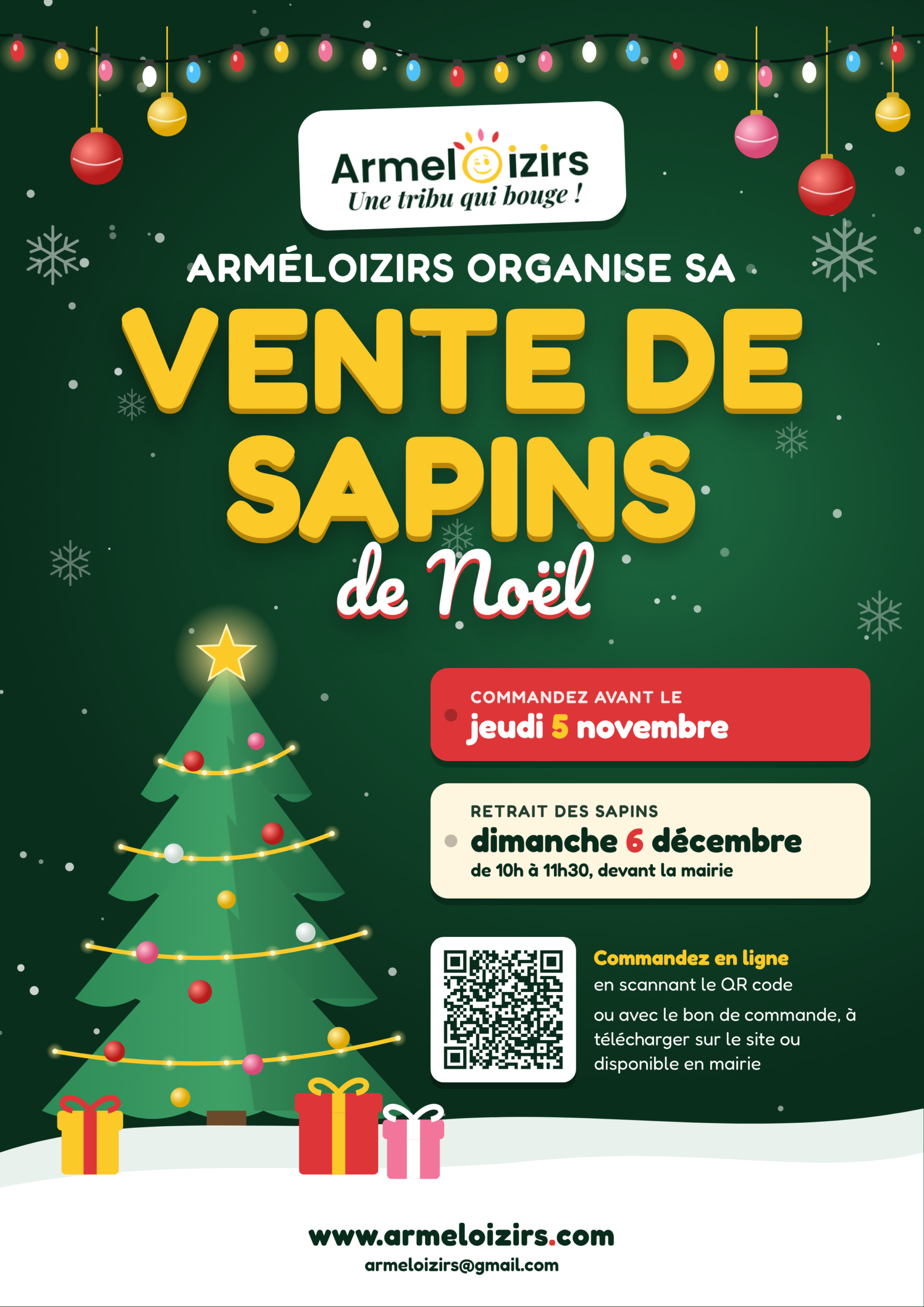 Affiche de la vente de sapins de Noël 2026 d'Arméloizirs à Saint-Armel