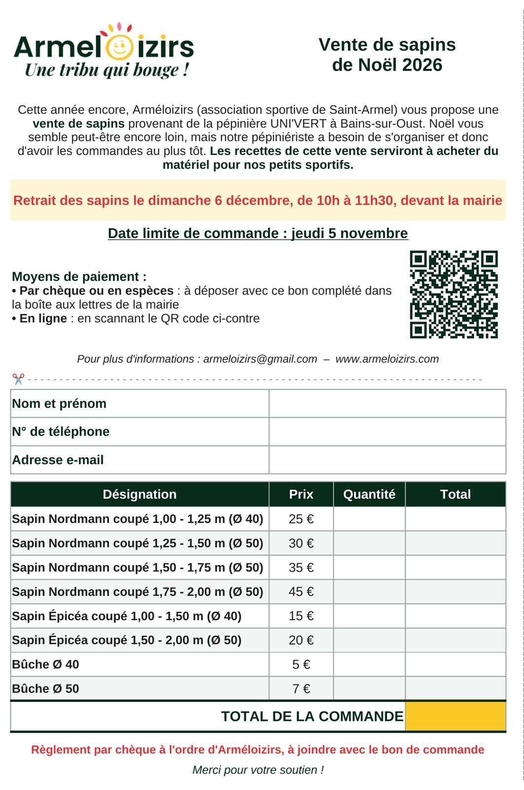 Bon de commande de la vente de sapins de Noël 2026 d'Arméloizirs